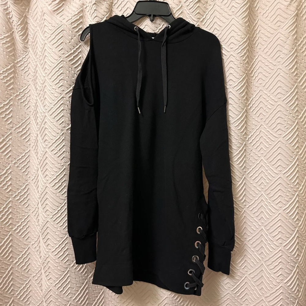 Black Hoodie with Side Lace-Up Detail